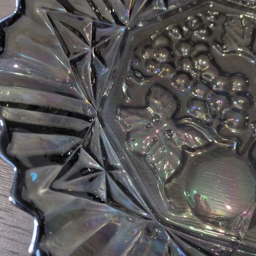 Vintage Federal Glass Pioneer Smoke Iridescent Carnival Glass Ruffled Fruit Bowl
